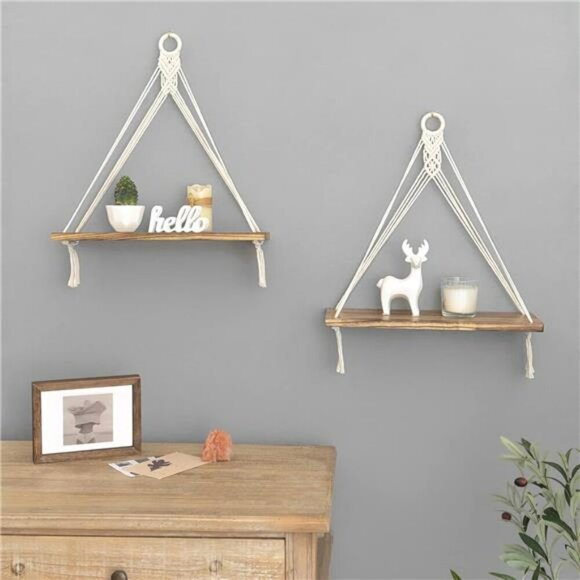Mkono Macrame Hanging Shelves Set Boho Wood Wall Decor Floating Storage - Picture 4 of 7